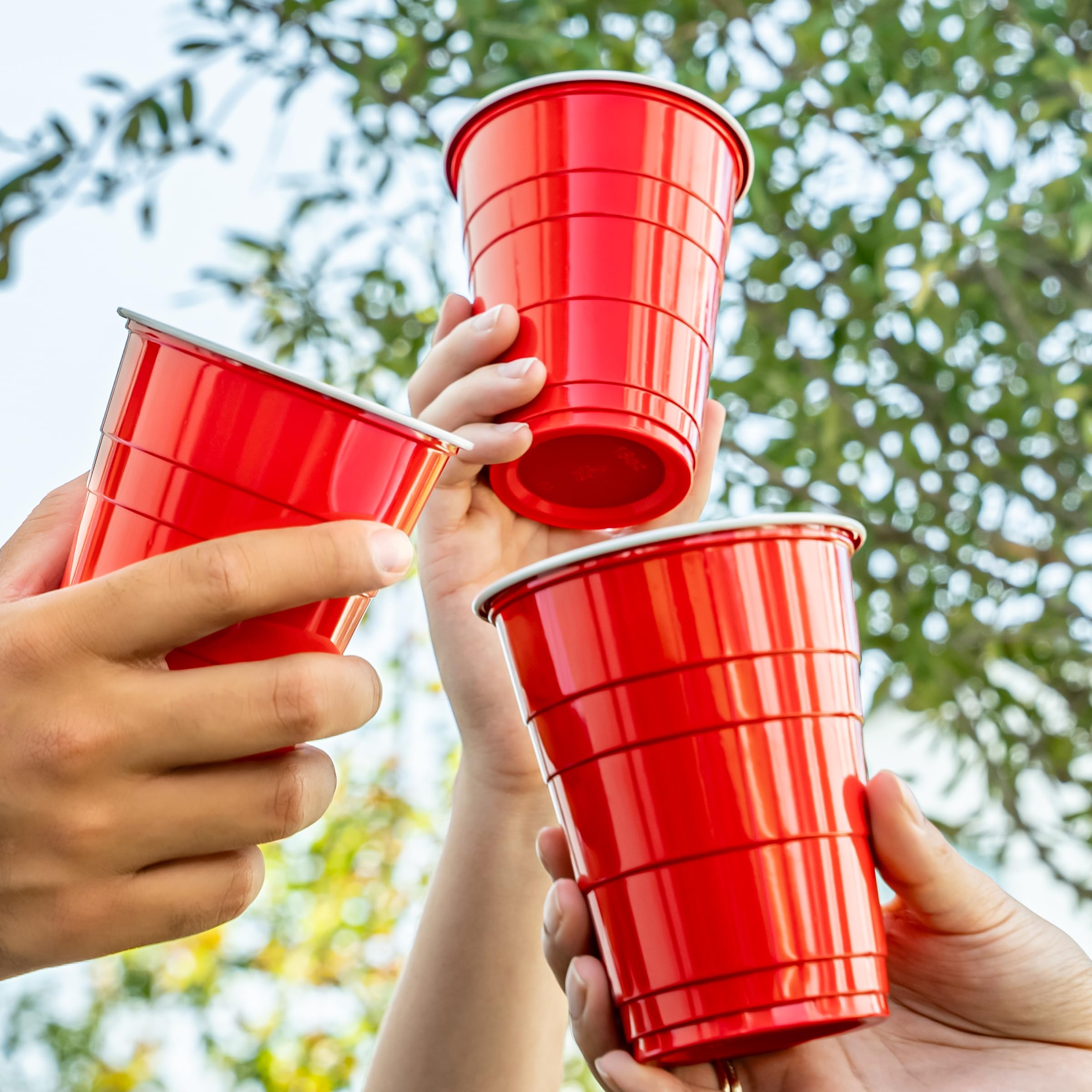 Amazon Basics ice-cold beverages served in red 18oz cups