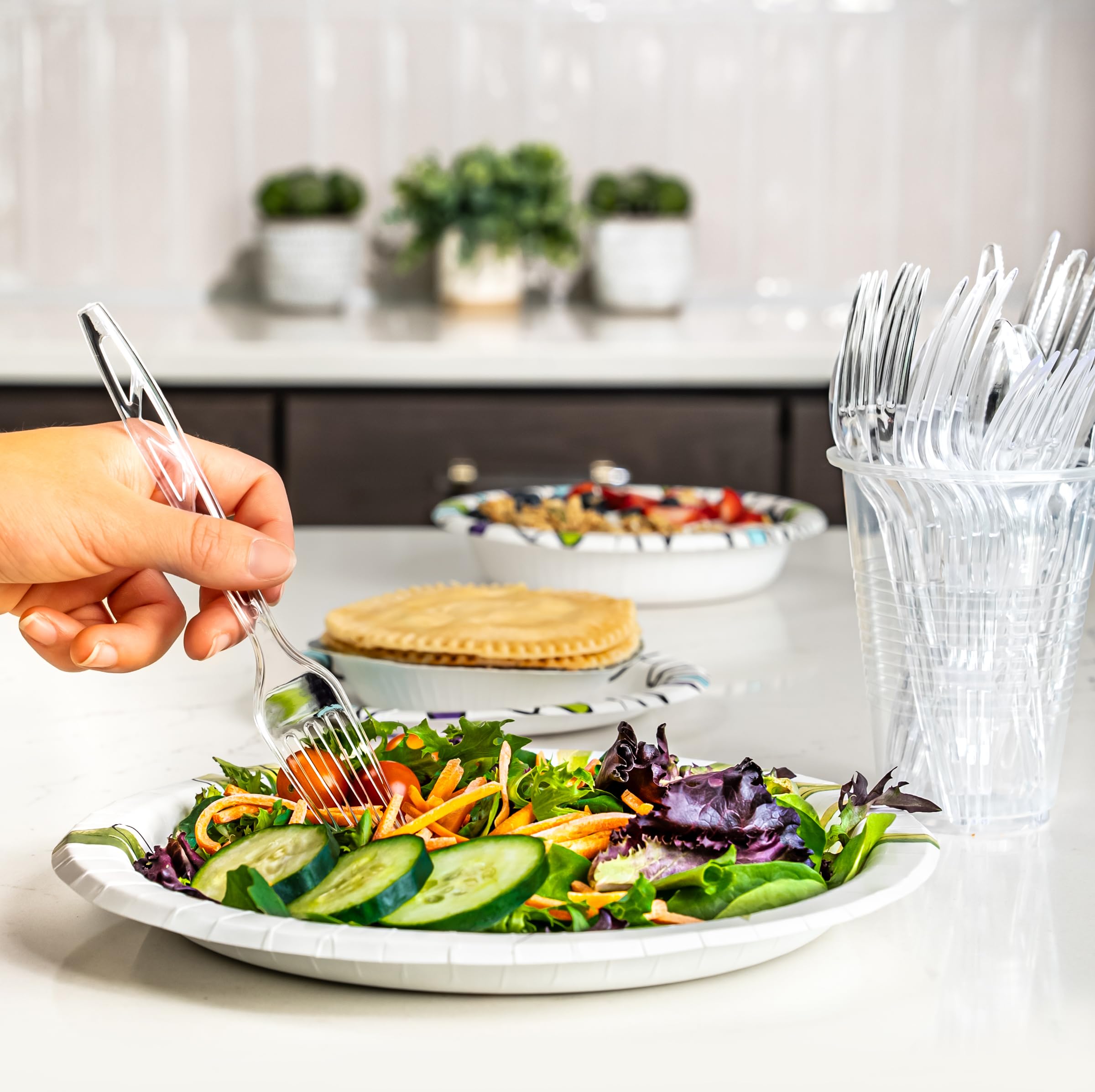 Amazon Basics disposable forks suited for large gatherings and casual parties.