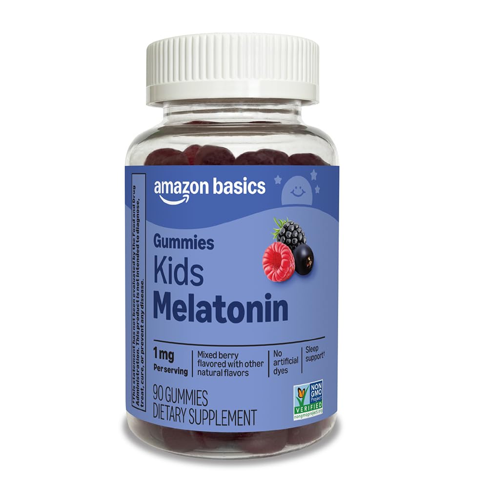 Amazon Basics Kids Melatonin Gummies bottle front with kid friendly packaging illustrating berry flavor
