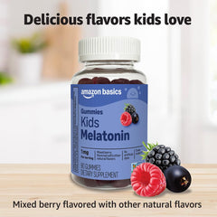 Amazon Basics Kids Melatonin Gummies bottle being poured for easy serving