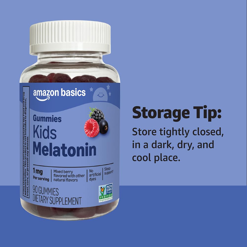 Close up of Amazon Basics Kids Melatonin Gummies flavor text highlighting berry taste