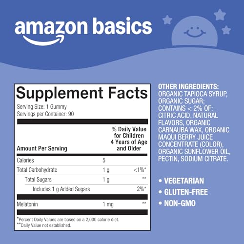 Close up of Amazon Basics Kids Melatonin Gummies jar emphasizing kid friendly design