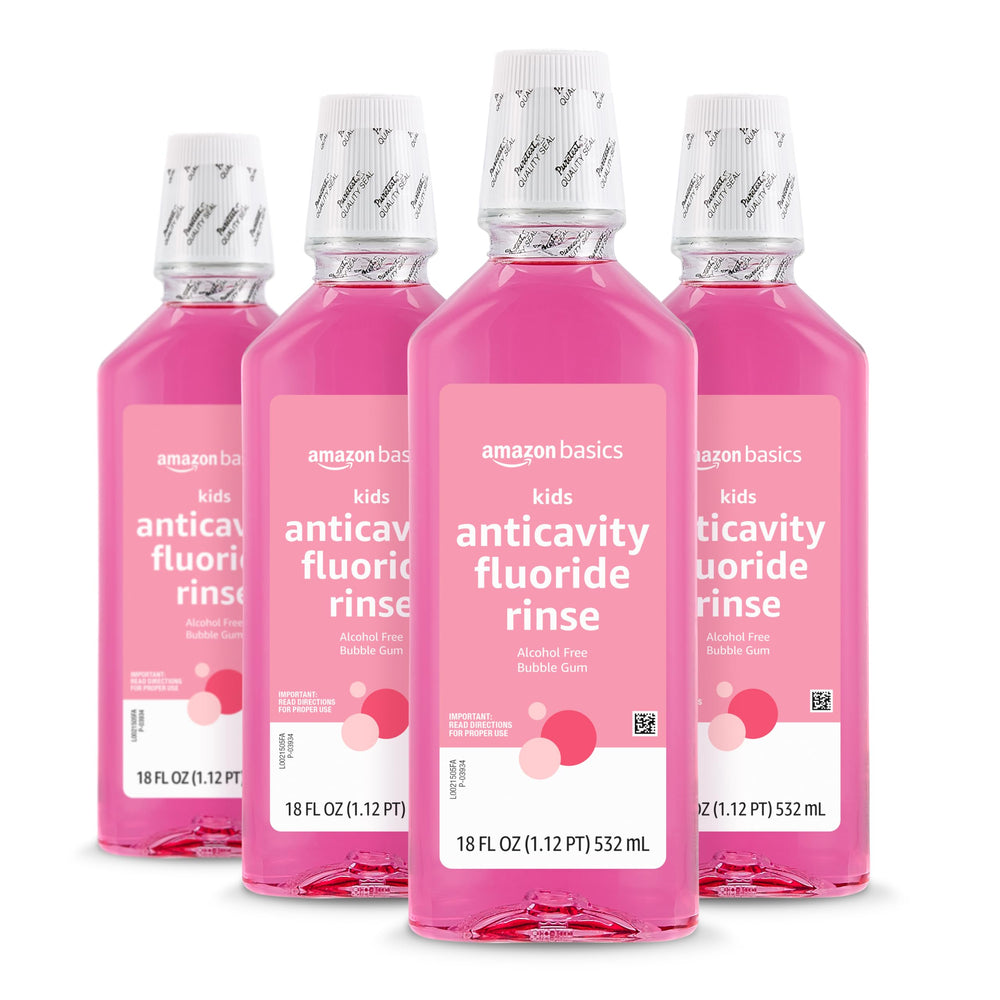 Amazon Basics Kids Mouthwash bubble gum flavor makes daily rinsing enjoyable for kids.