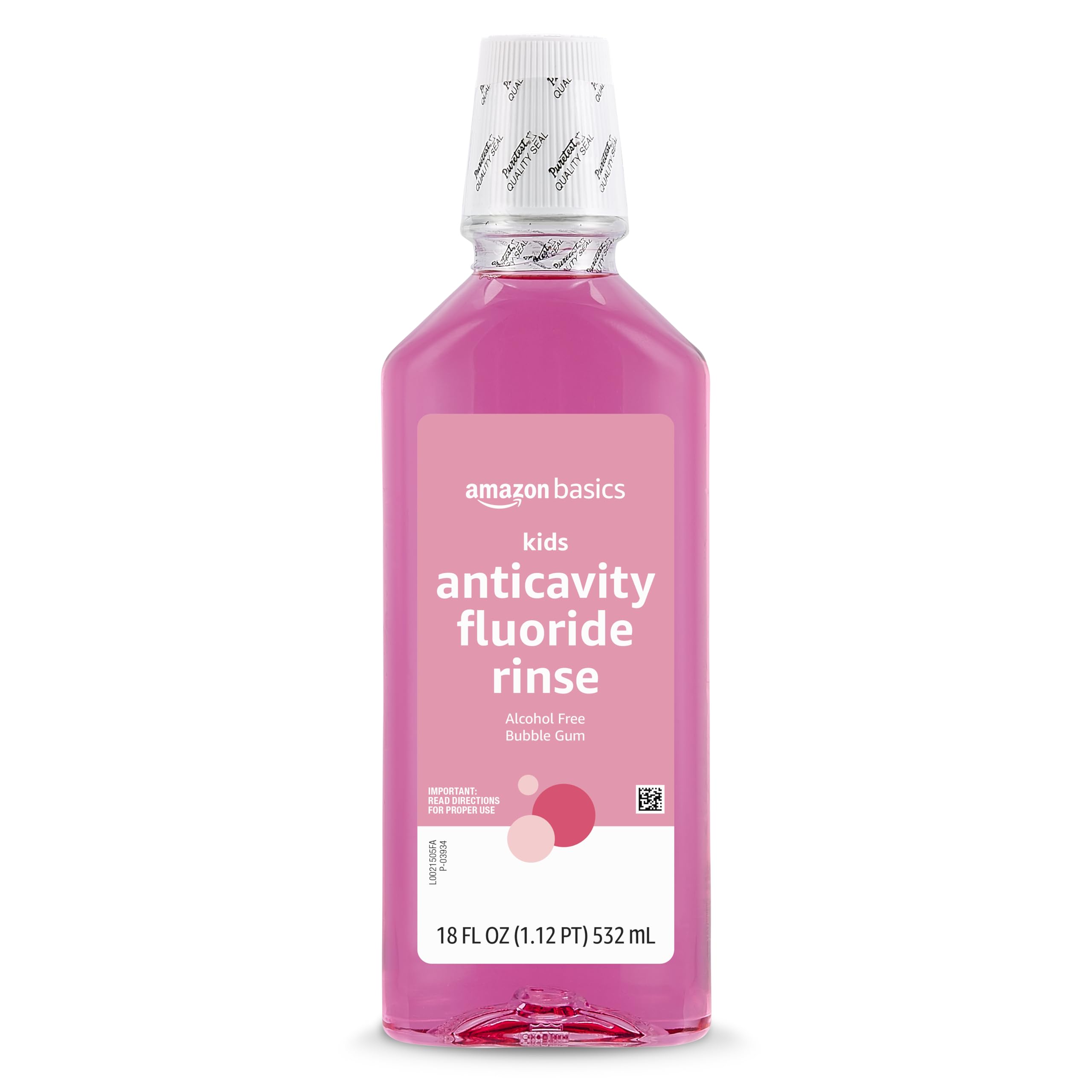 Amazon Basics alcohol-free bottle label highlights gentle care for kids.
