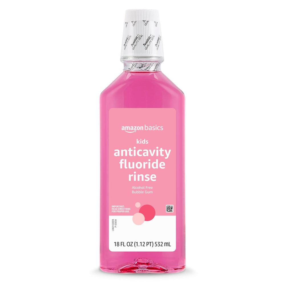 Amazon Basics alcohol-free bottle label highlights gentle care for kids.