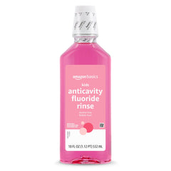 Amazon Basics alcohol-free bottle label highlights gentle care for kids.