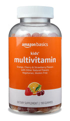 Amazon Basics Kids' Multivitamin Gummies bottle front with colorful chews for daily vitamin intake.