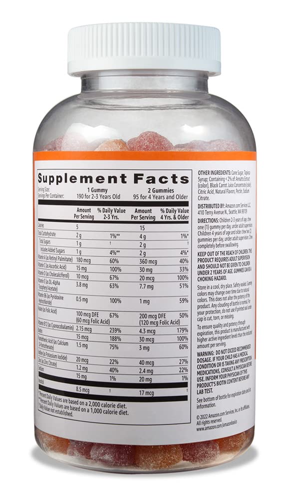 Close-up of vibrant gummies from Amazon Basics Kids' Multivitamin Gummies for daily use.