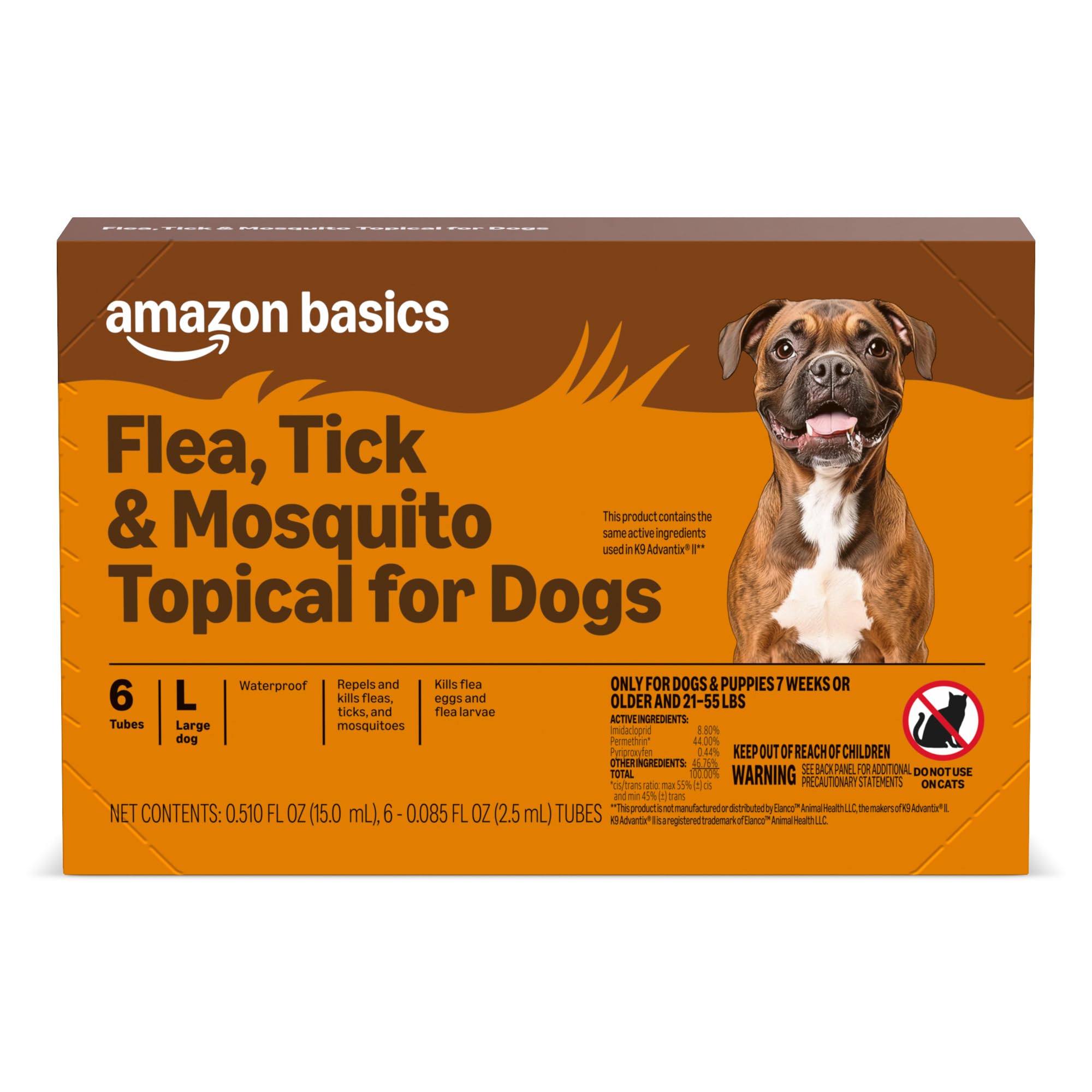 Amazon Basics large-dogs topical application shows quick-drying flea protection for active pets.