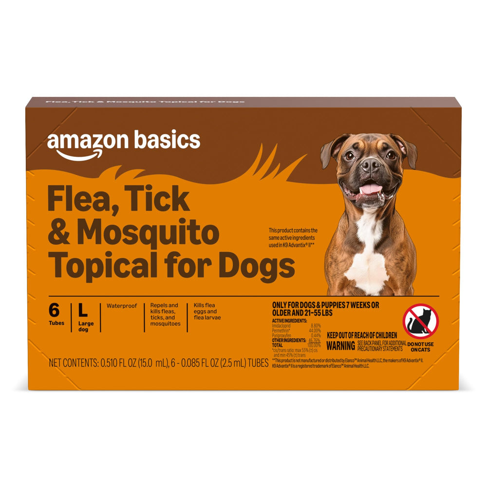 Amazon Basics large-dogs topical application shows quick-drying flea protection for active pets.