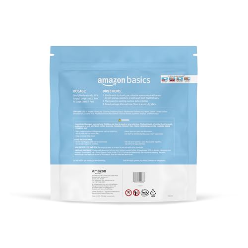 Amazon Basics Free & Clear pacs label highlights fragrance-free, dye-free formula.