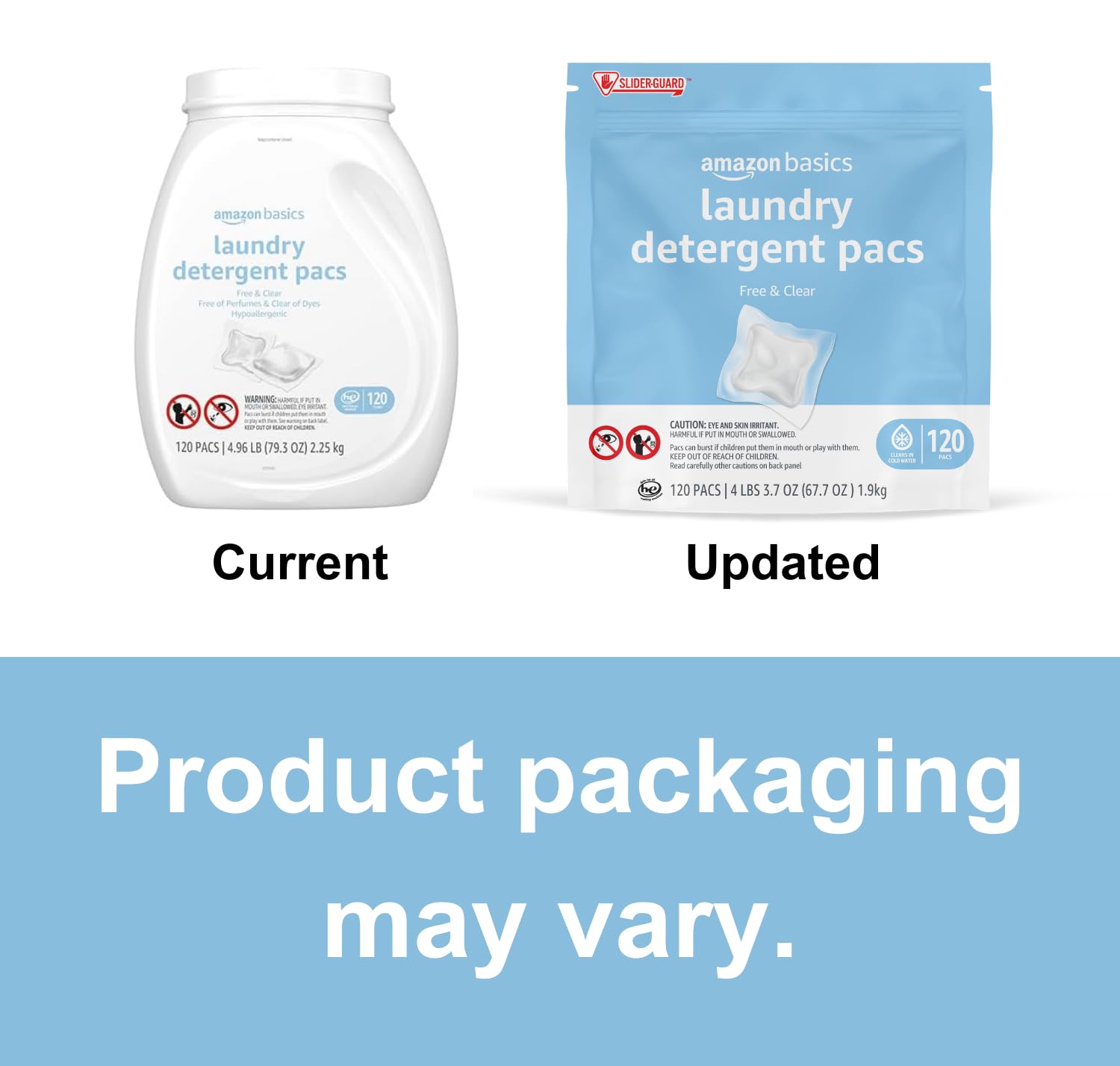 Amazon Basics Free & Clear pacs emphasize hypoallergenic formula gentle on skin.