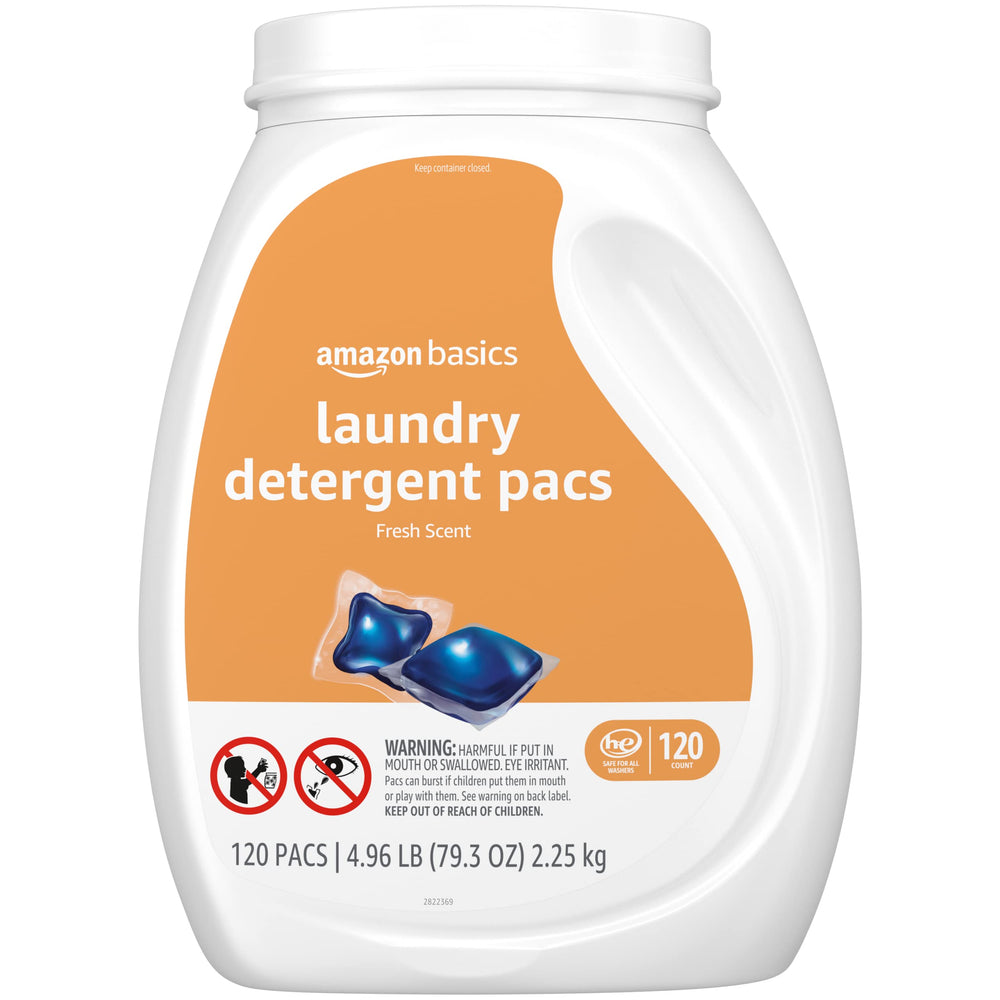 Amazon Basics pacs box emphasizes compatibility with standard and HE washers.