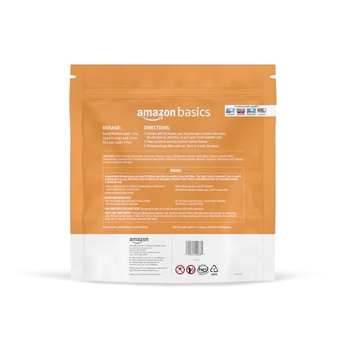 Amazon Basics laundry pacs on a washing machine demonstrate simple one-pod-per-load use.