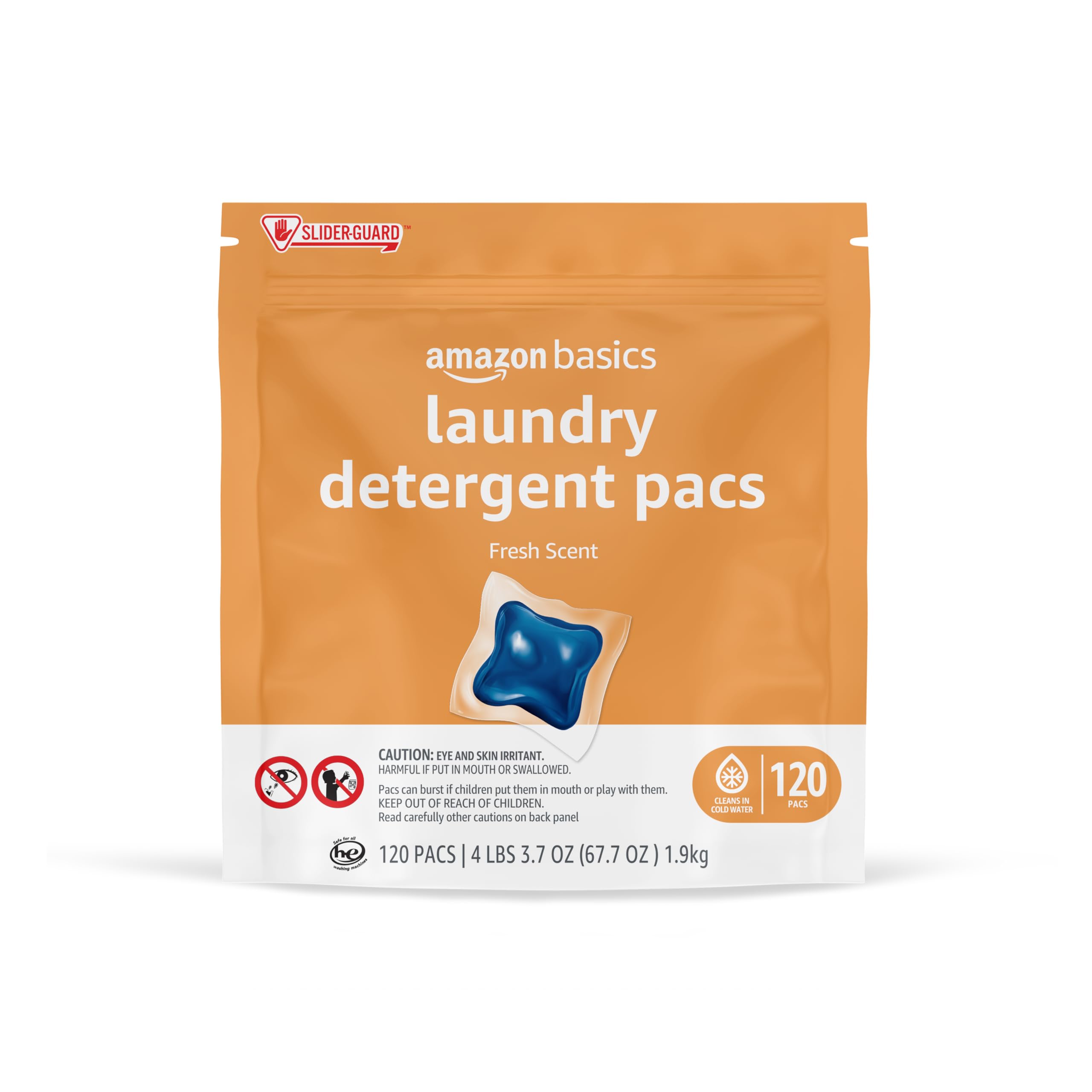 Amazon Basics laundry pacs packaging shows brand and bulk-buy convenience.