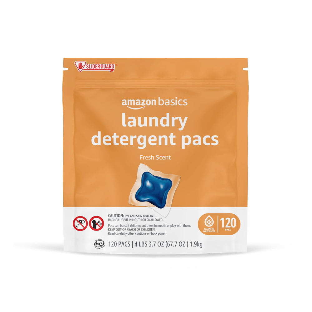 Amazon Basics laundry pacs packaging shows brand and bulk-buy convenience.