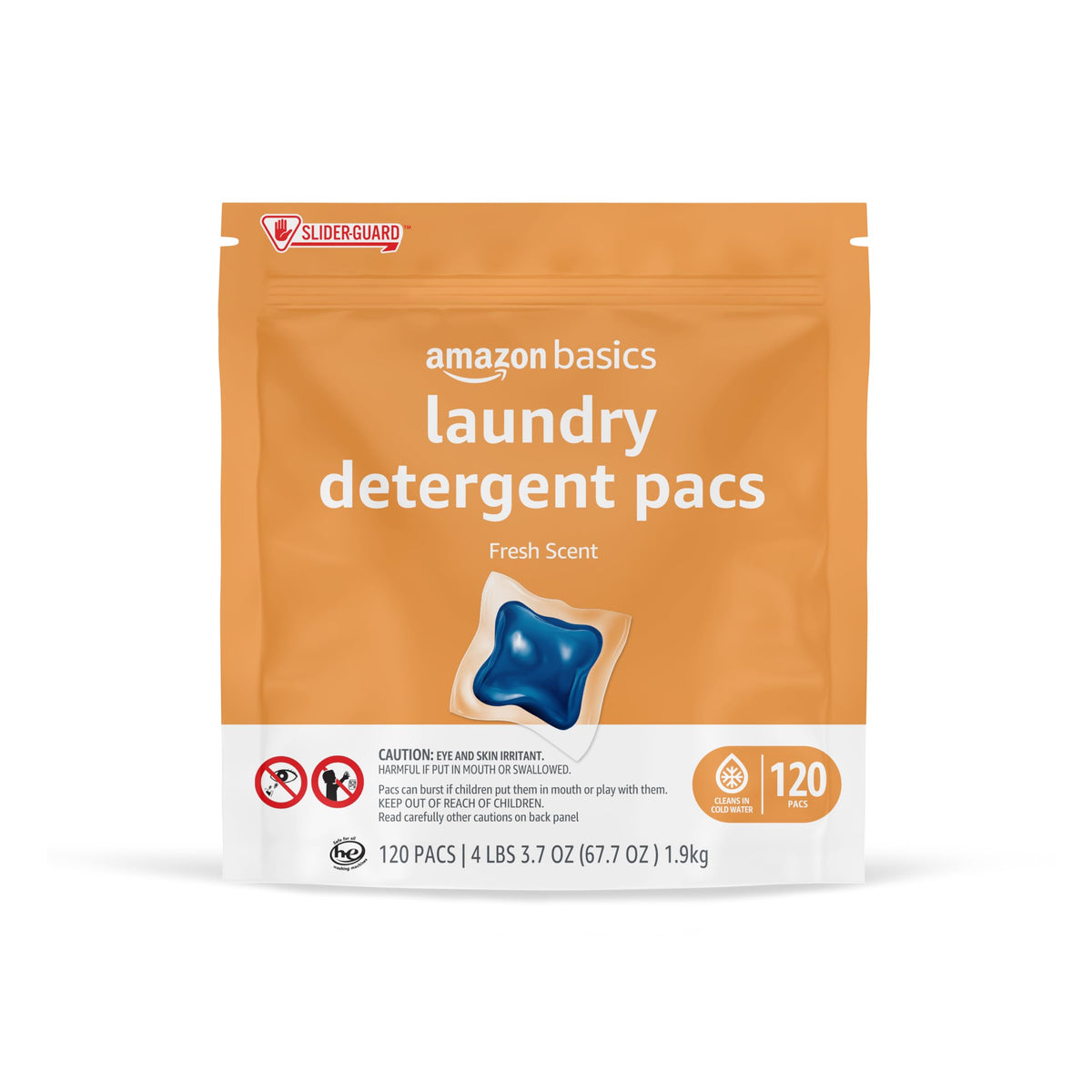 Amazon Basics laundry pacs packaging shows brand and bulk-buy convenience.