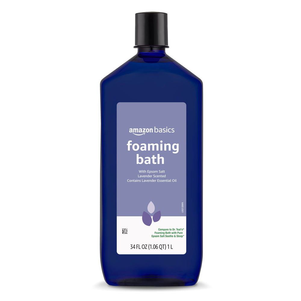 Amazon Basics Lavender Scented Foaming Bath bottle promotes relaxation with a soothing lavender aroma.