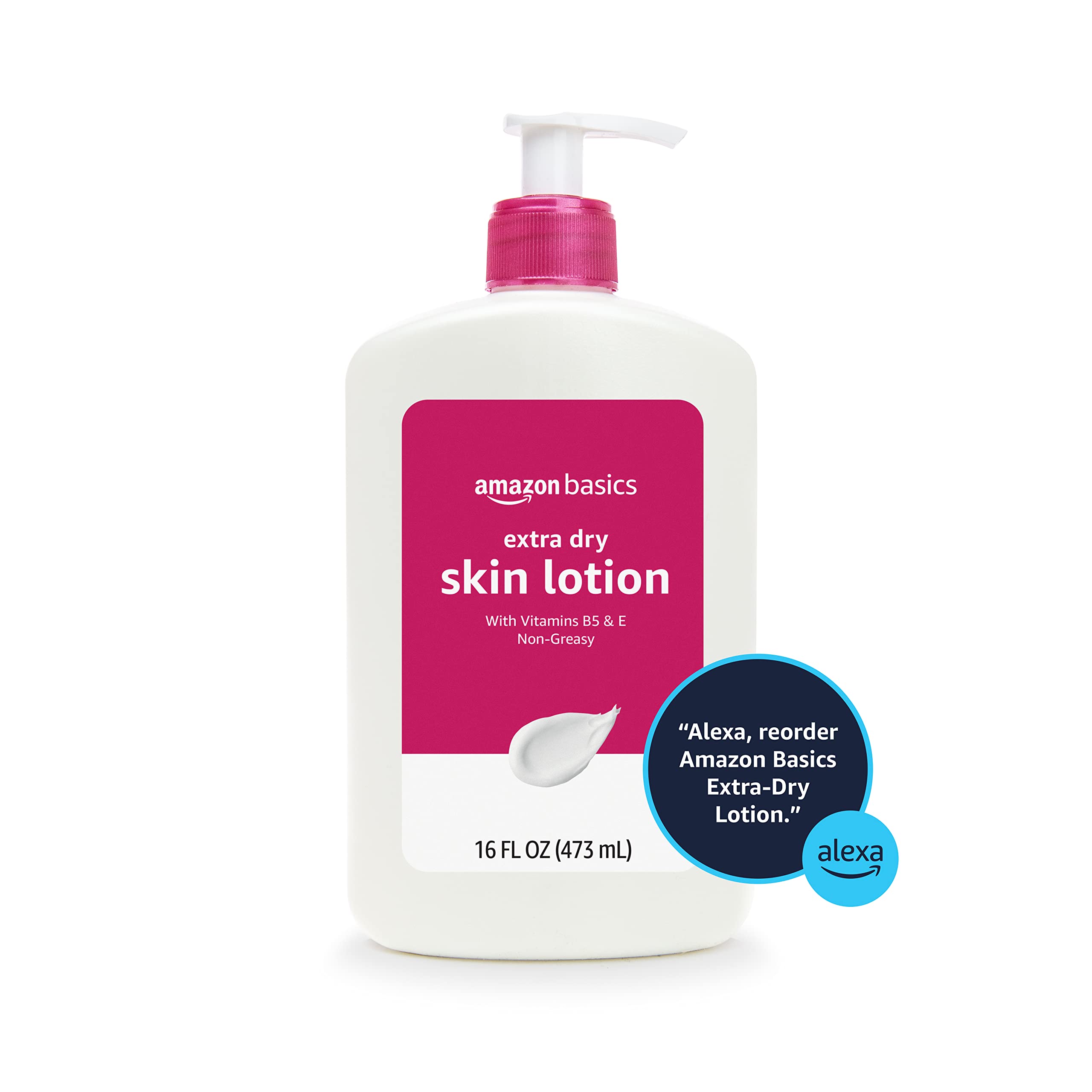 Amazon Basics lotion front label highlights vitamins B5 and E for moisturization