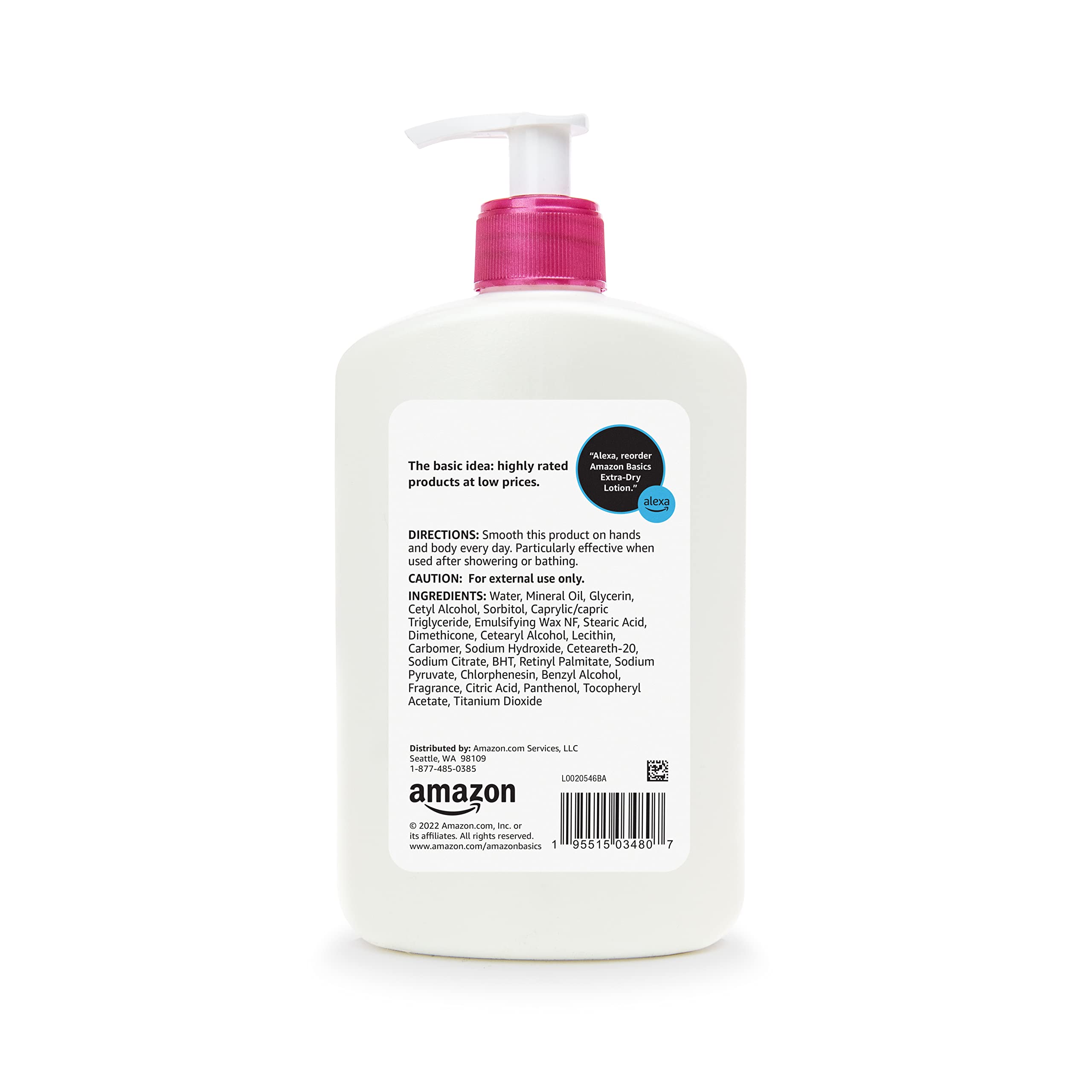 Amazon Basics lotion packaging close-up shows variant designs with consistent formula