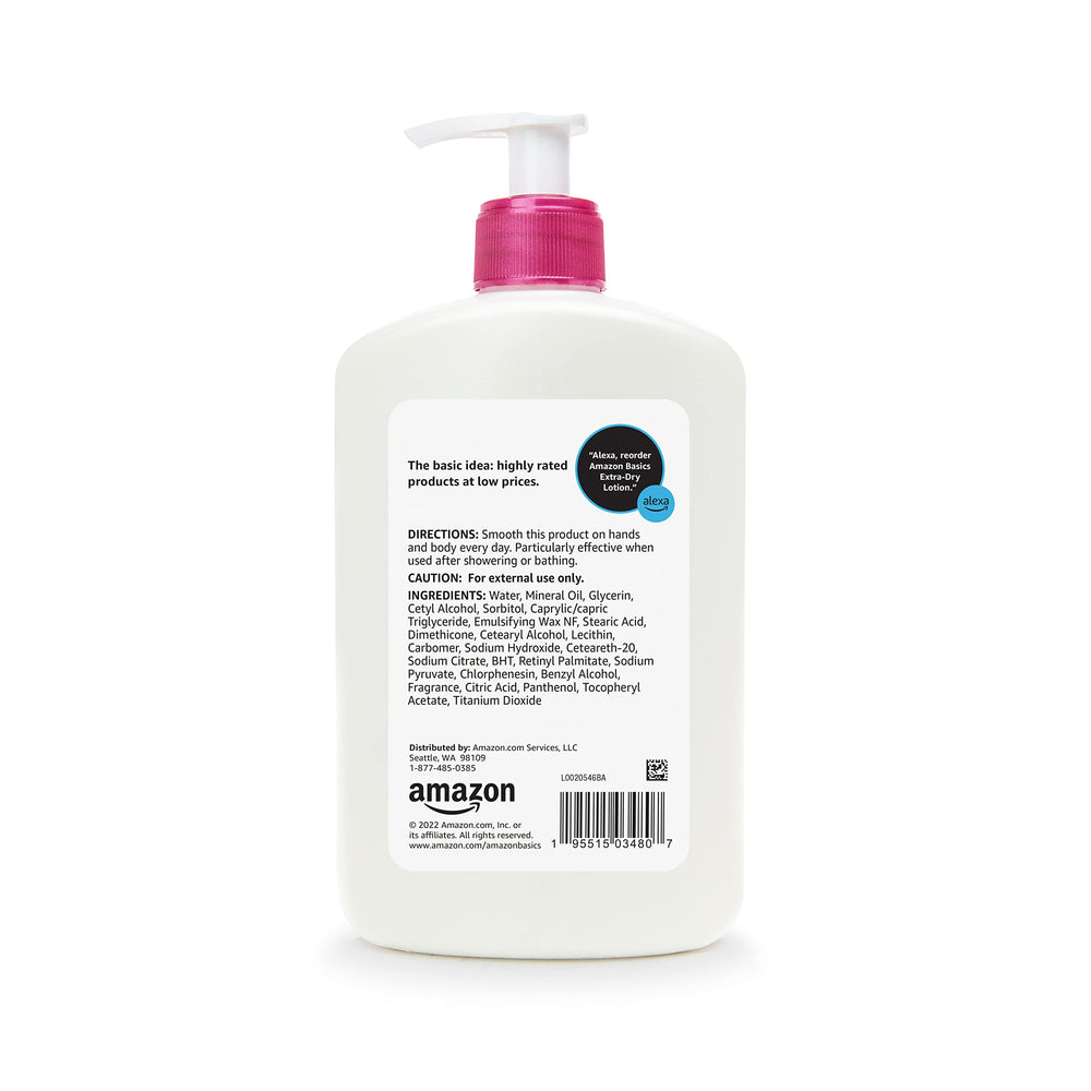 Amazon Basics lotion packaging close-up shows variant designs with consistent formula