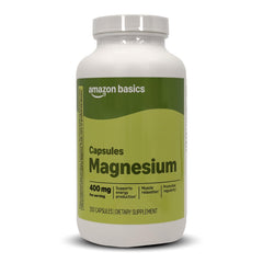 Amazon Basics magnesium oxide capsules bottle front, highlighting 400 mg strength for daily energy support