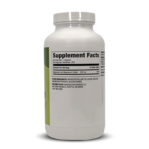 Amazon Basics magnesium oxide capsules bottle side view, gluten-free option noted