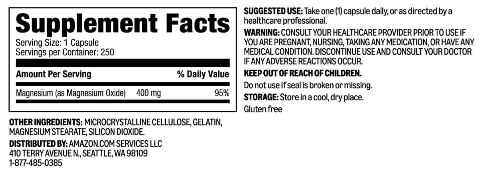 Amazon Basics magnesium oxide capsules nutrition facts label, gluten-free formulation highlighted