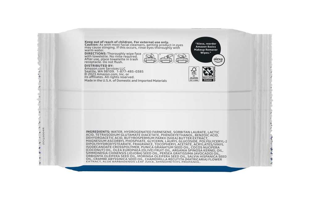 Amazon Basics Makeup Remover Wipes closeup of soft cloth and gentle formula for sensitive skin