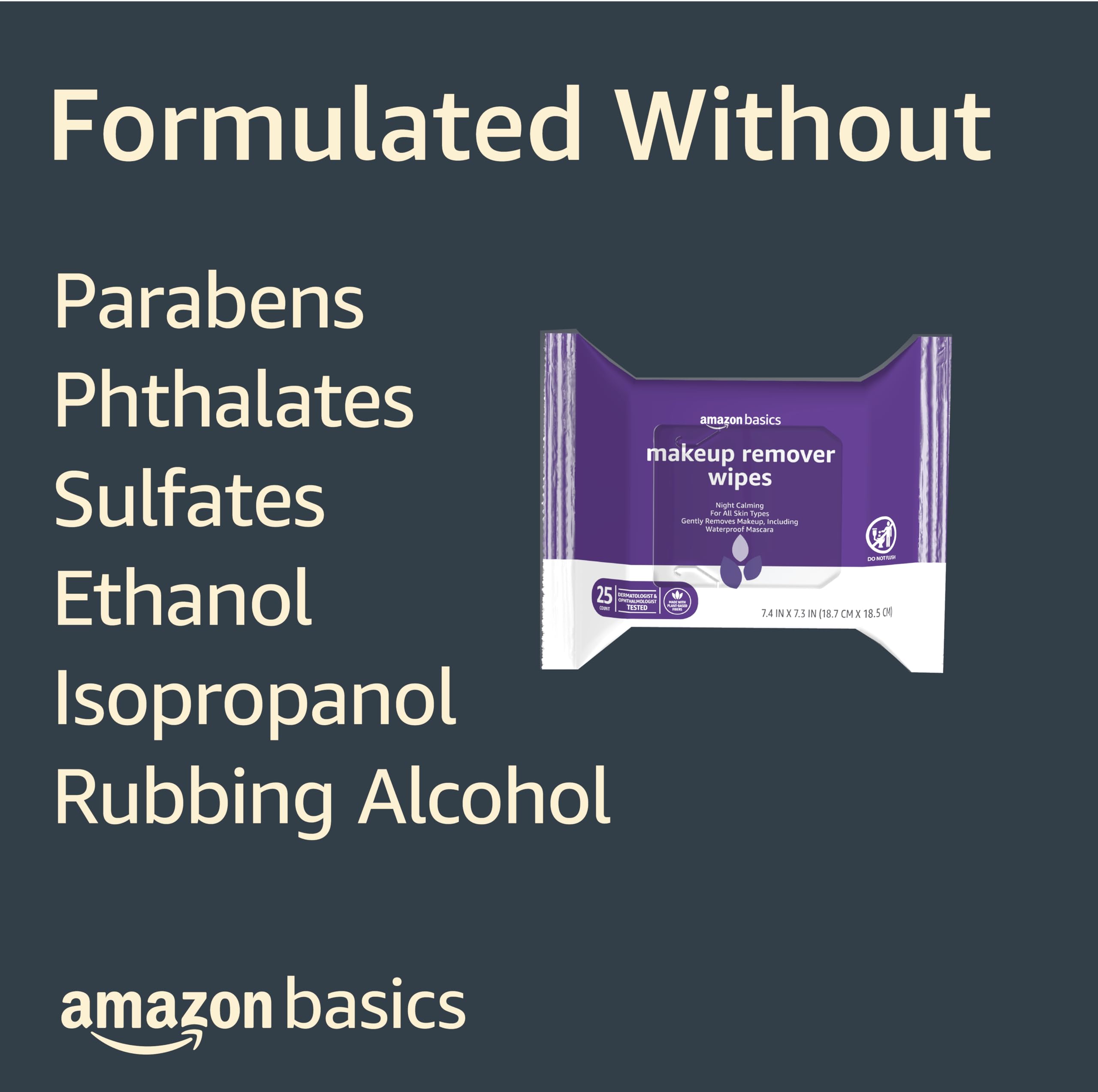 Amazon Basics Makeup Remover Wipes dermatologist tested label emphasizes skin safety