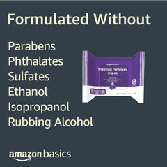 Amazon Basics Makeup Remover Wipes dermatologist tested label emphasizes skin safety
