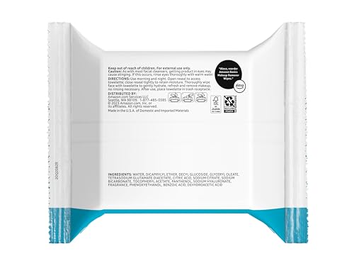 Amazon Basics makeup remover wipes highlighting hyaluronic acid for hydration.