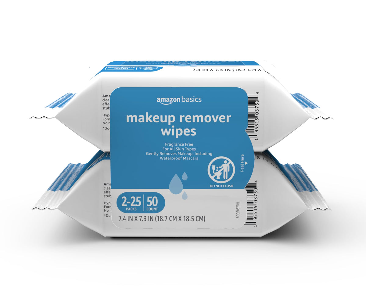 Amazon Basics Makeup Remover Wipes pack with two resealable 25-count packs for gentle cleansing
