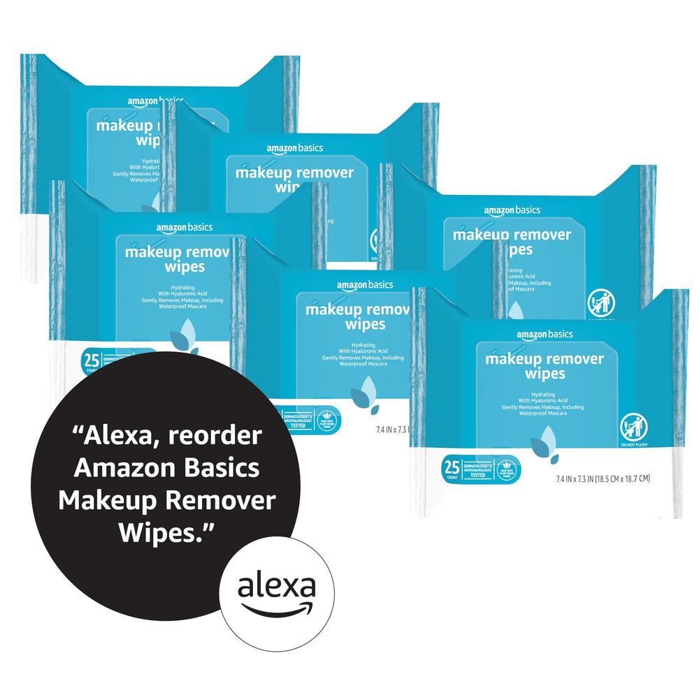 Amazon Basics makeup remover wipes six-pack packaging neatly displayed.