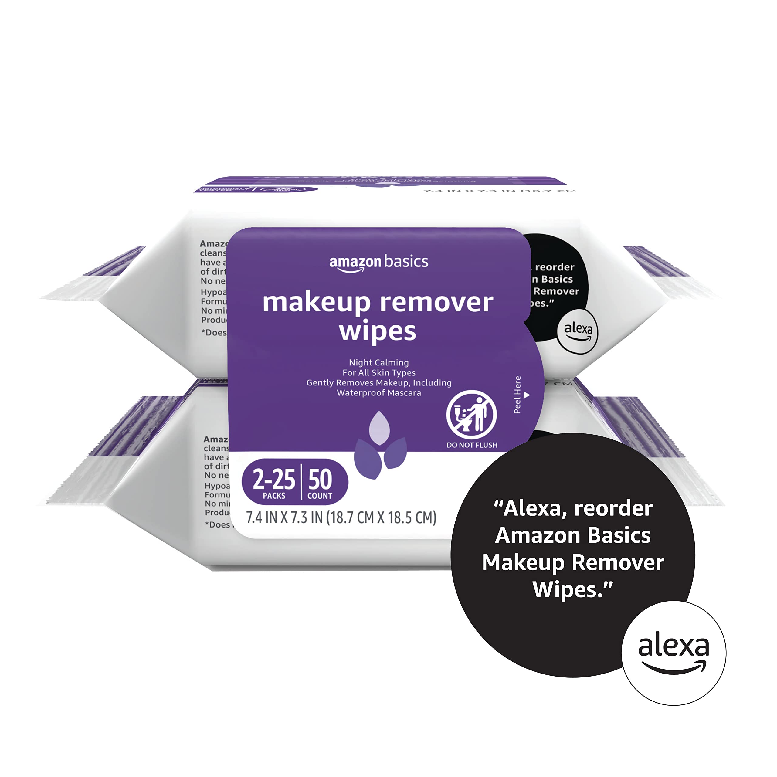 Amazon Basics makeup remover wipes packaging emphasizing recyclable materials.