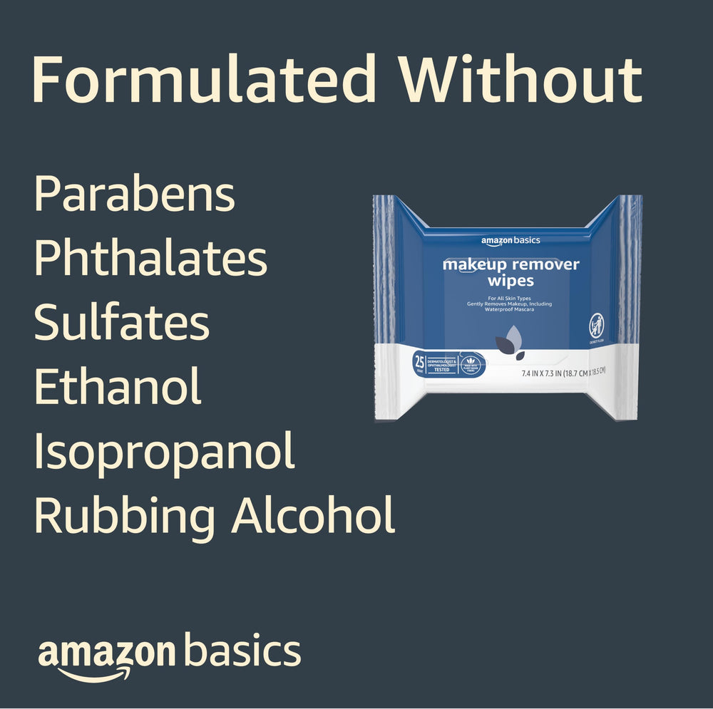 Amazon Basics Makeup Remover Wipes packaging highlighting recycled materials and sustainability