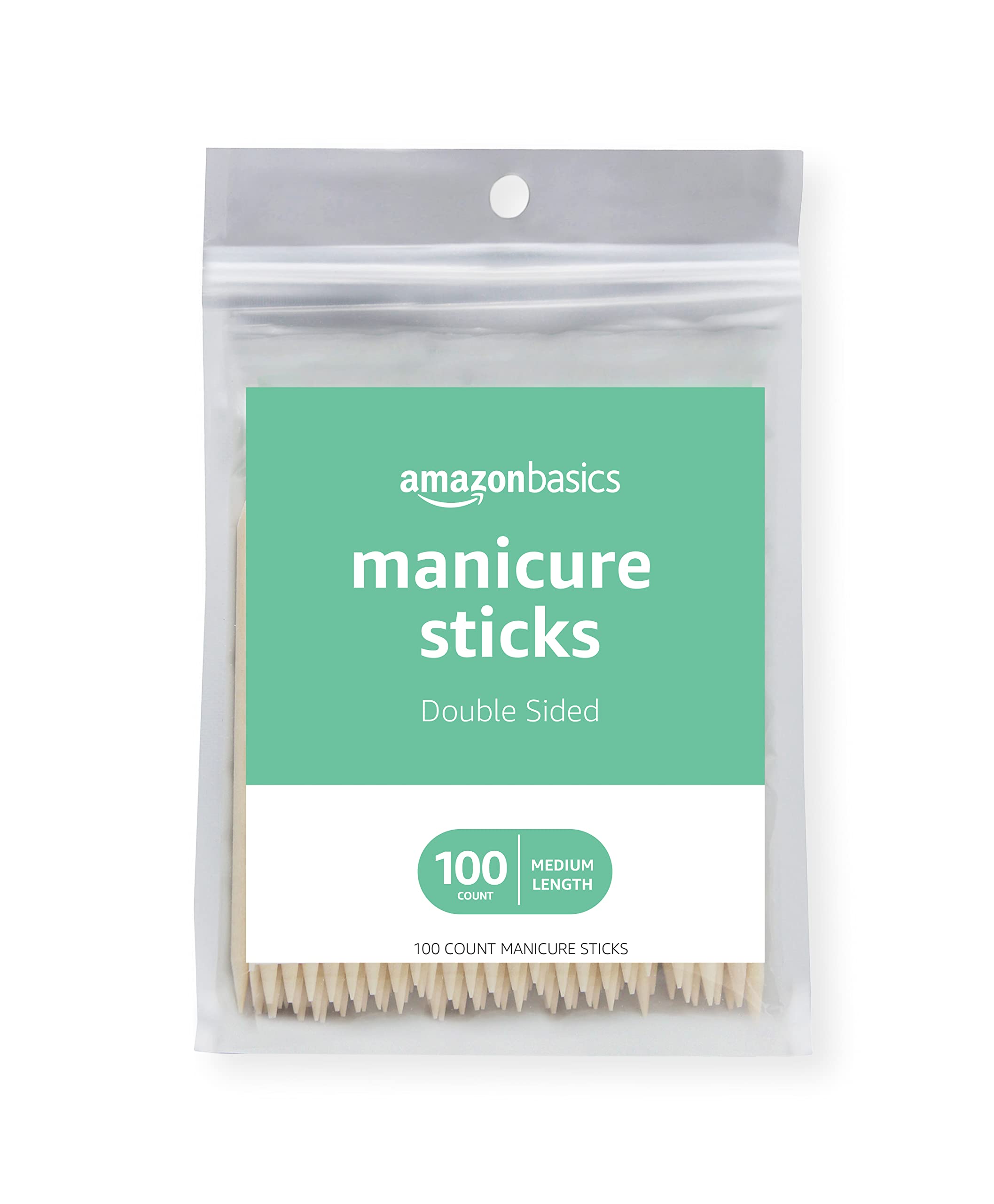 Amazon Basics manicure sticks, orange packaging, double-sided for versatile nail care.