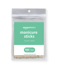 Amazon Basics manicure sticks, orange packaging, double-sided for versatile nail care.