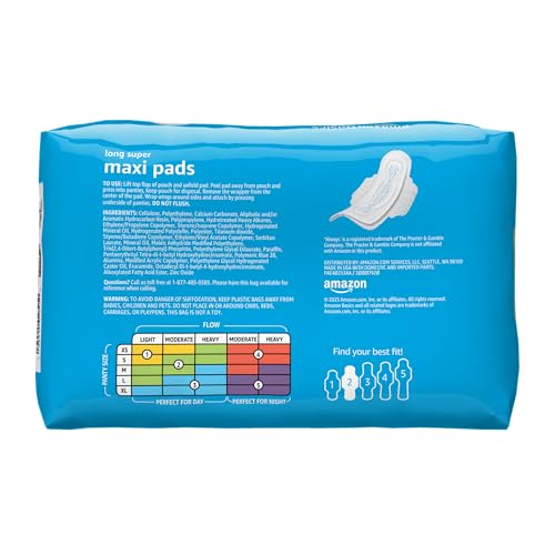 Individually wrapped Amazon Basics pads offering discreet protection on the go
