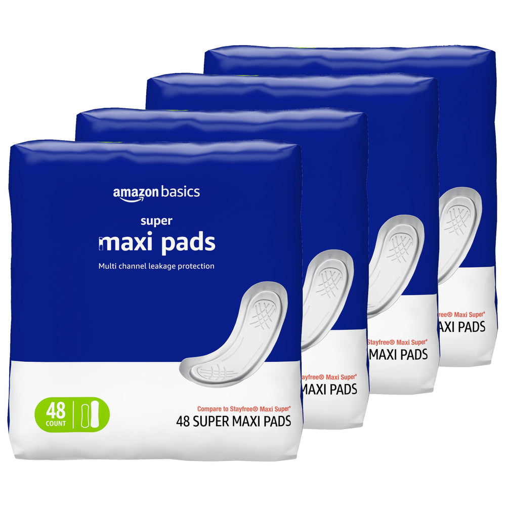 Amazon Basics Maxi Pads thick absorbent core for reliable protection.