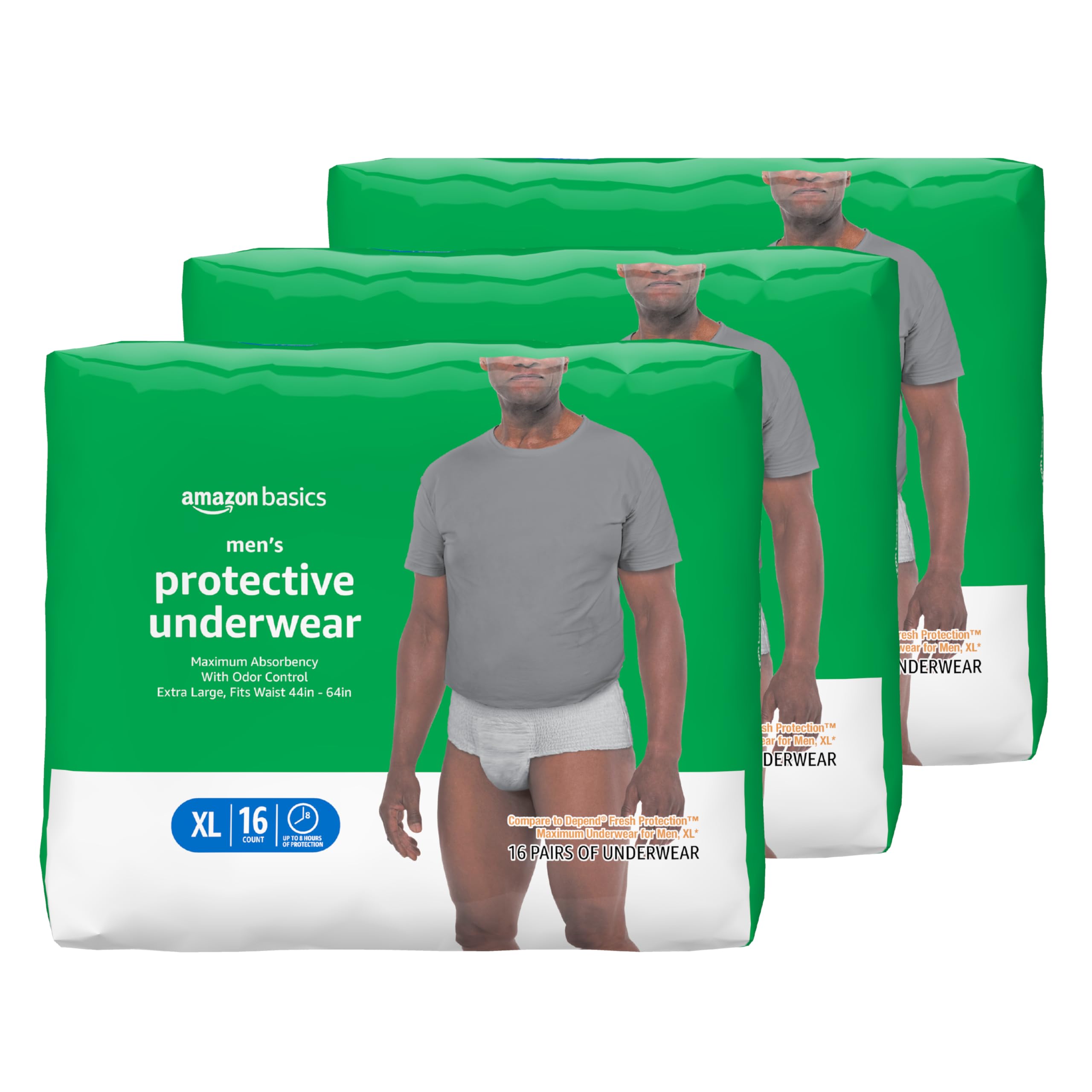 Amazon Basics Men XL packaging shows discreet three-pack convenience.