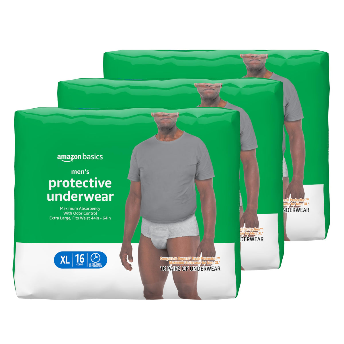 Amazon Basics Men XL packaging shows discreet three-pack convenience.