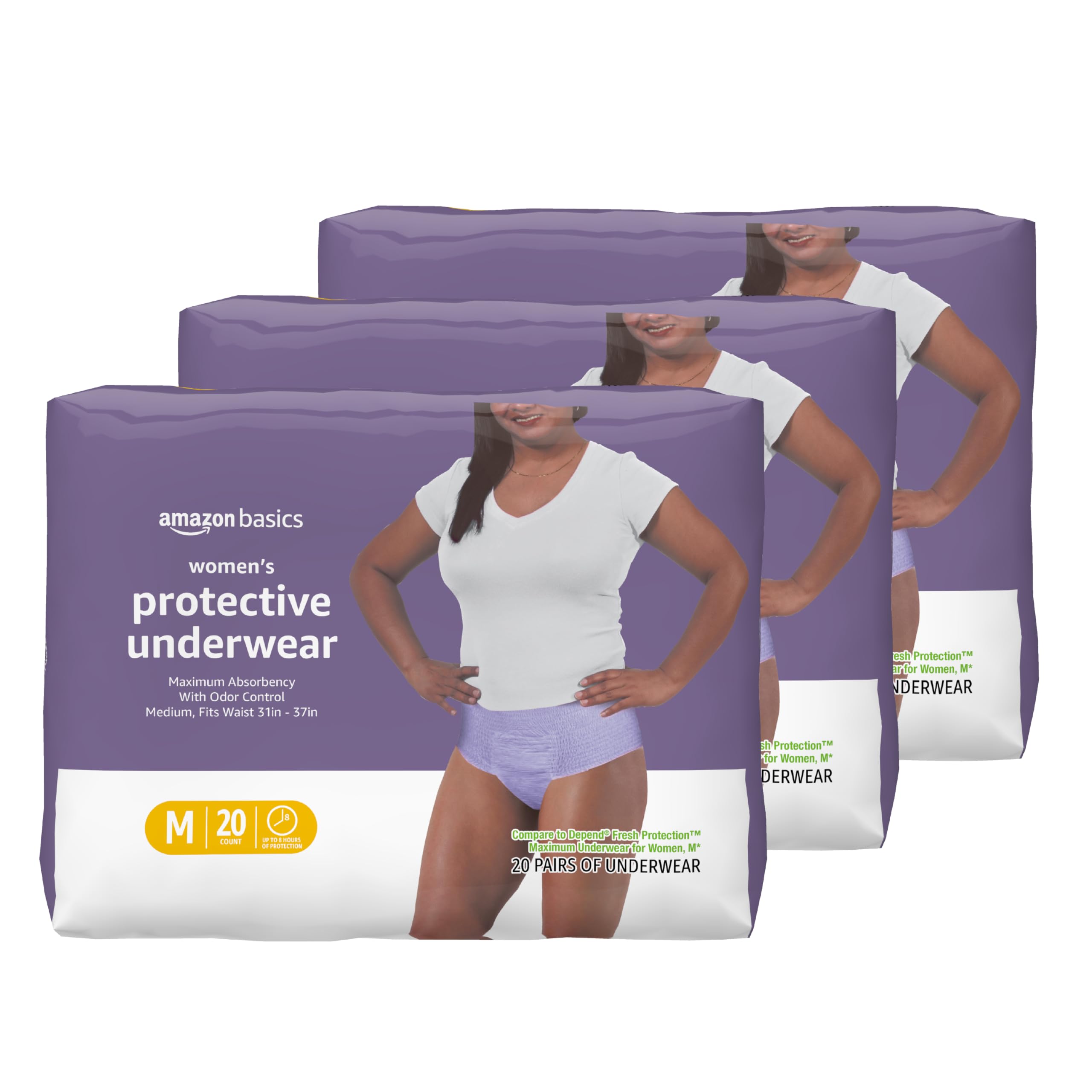 Amazon Basics maximum absorbency underwear packaging, three-pack display for postpartum and daily protection