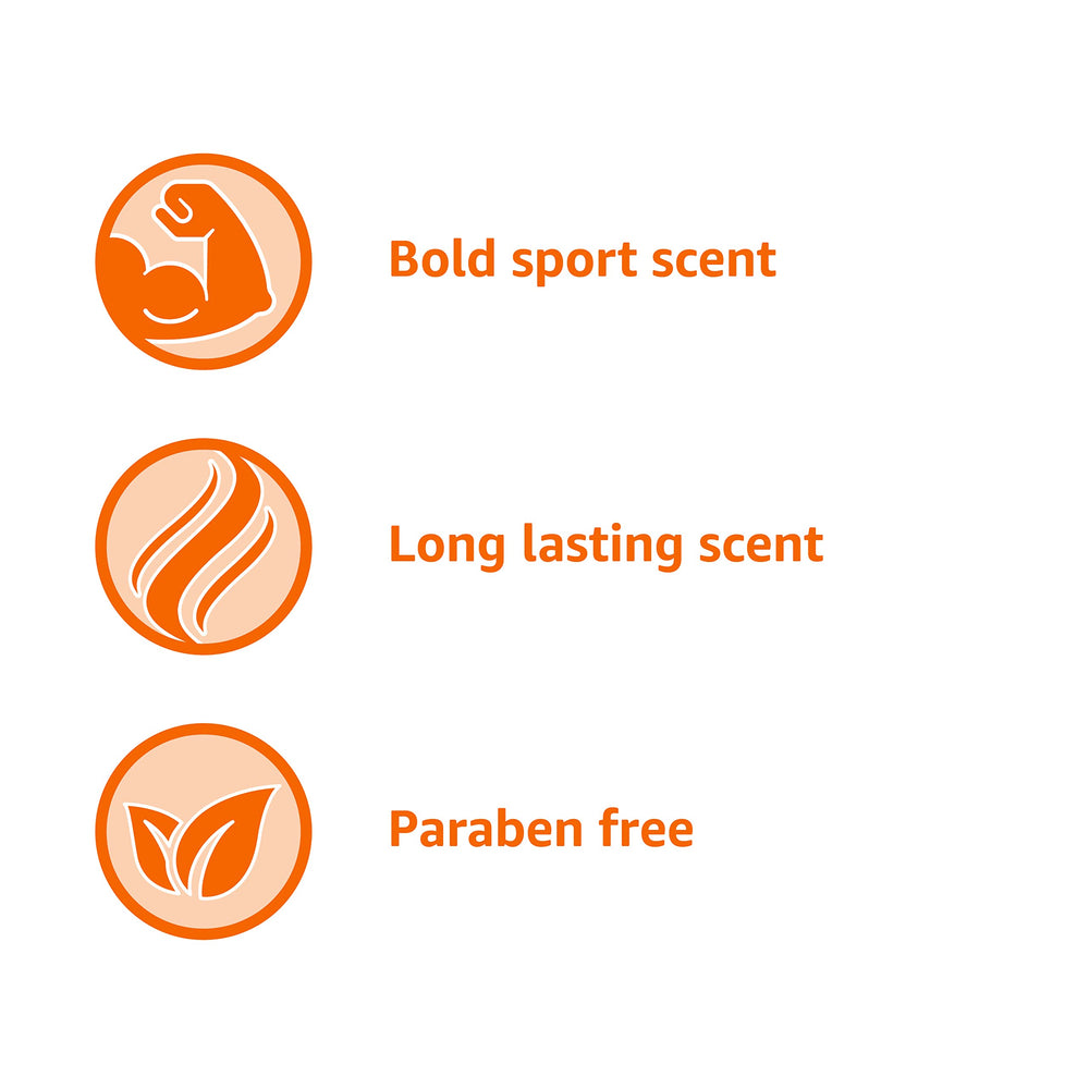 Amazon Basics Sport Scent bottle with label conveys masculine fragrance.