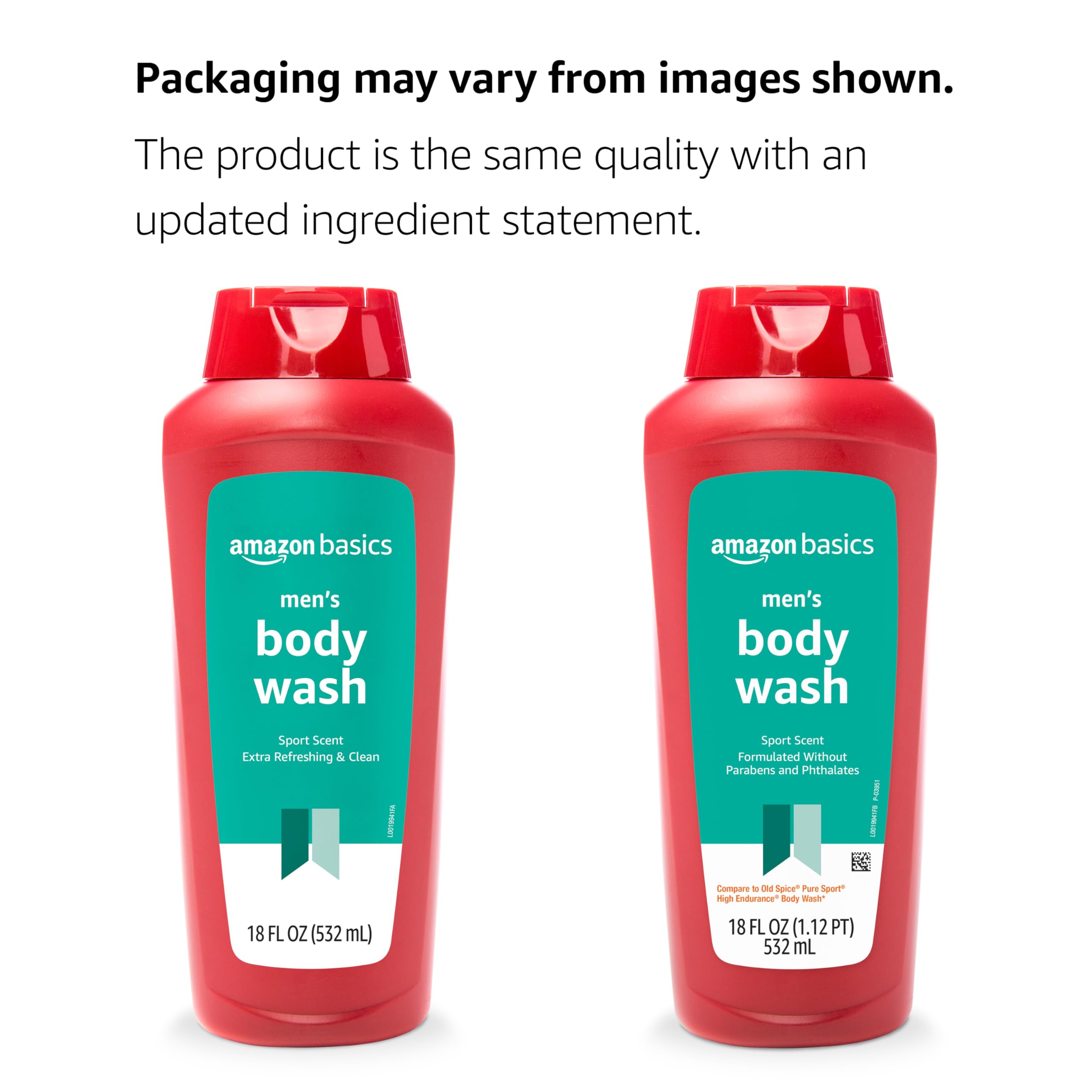 Amazon Basics Sport Scent label close-up shows paraben-free formulation.