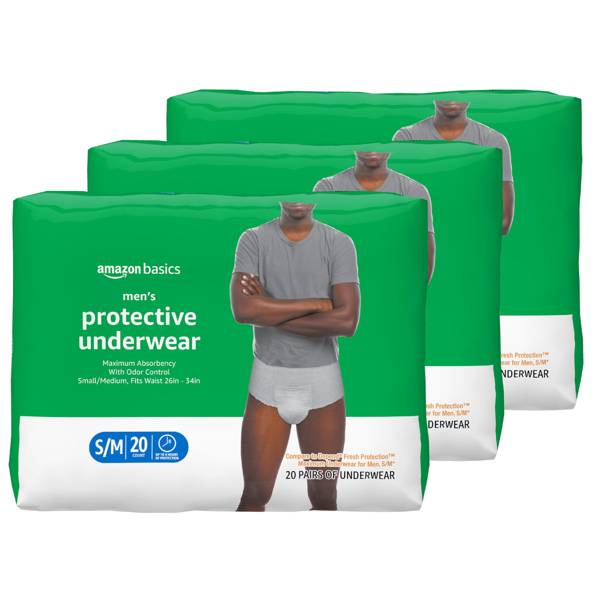 Amazon Basics men's incontinence underwear packaging shown for discreet daily protection.