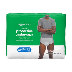 Amazon Basics men's incontinence underwear packaging shows discreet daily protection