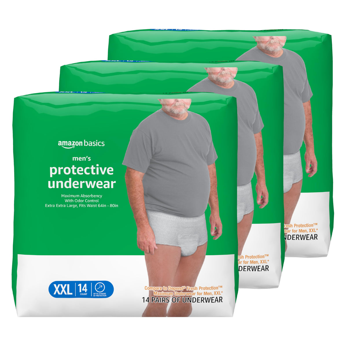 Amazon Basics men's incontinence underwear XXL packaging shows a 42-count three-pack.