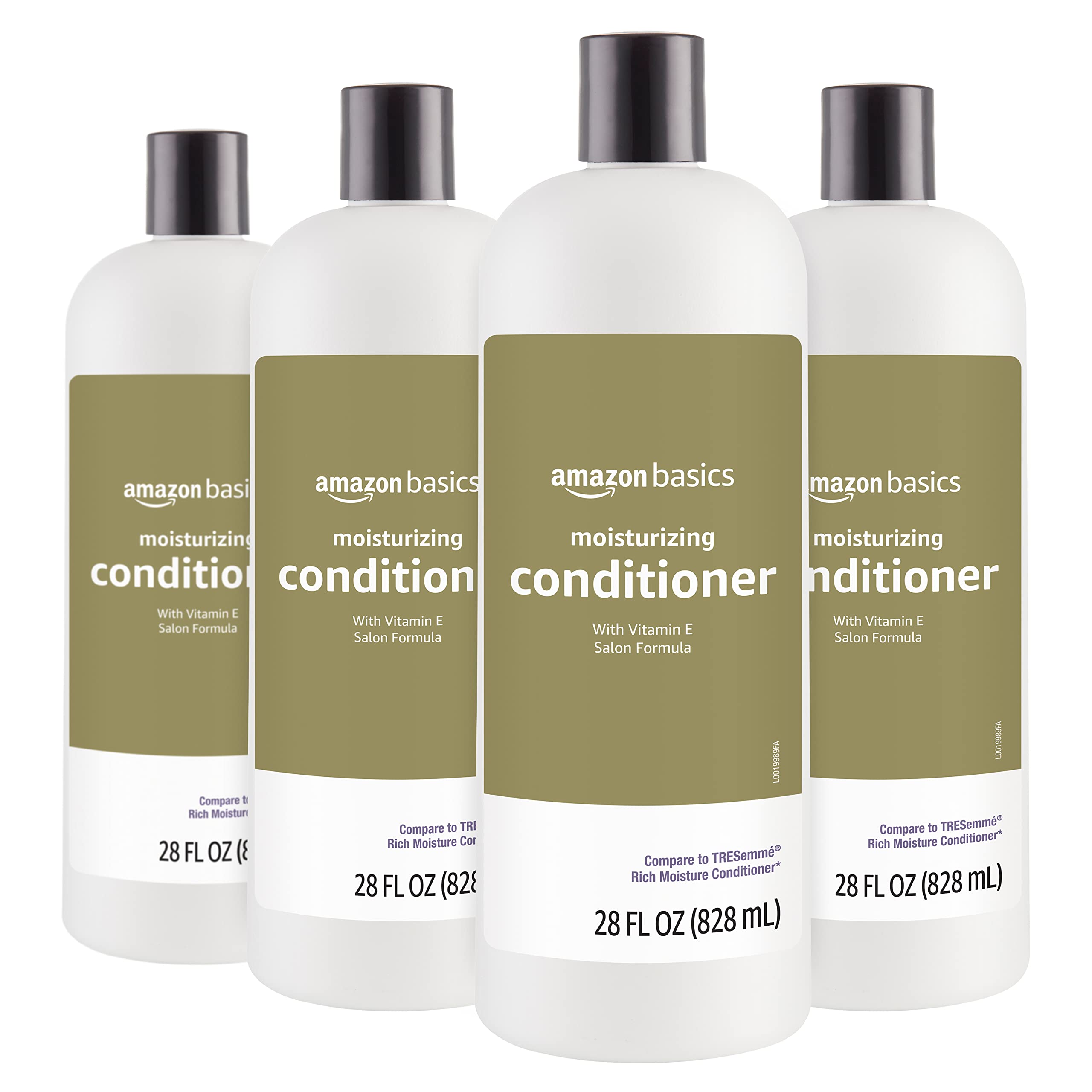 Amazon Basics Moisture Rich Conditioner bottle front highlights vitamin E for nourished hair