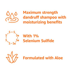 Amazon Basics Moisturizing Dandruff Shampoo 11oz label showing Aloe and moisturizers for added moisture.